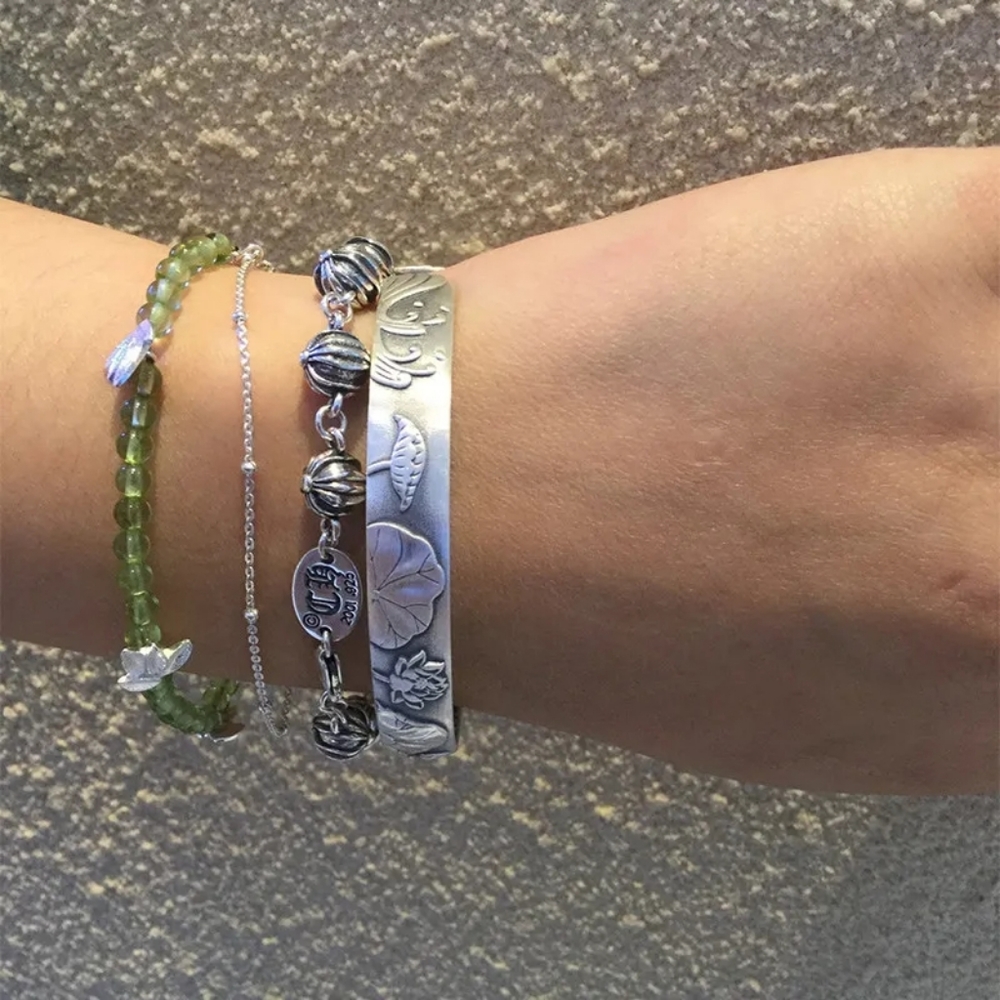 NEW Brushed 999 Pure Silver Lotus Flower Heart Sutra Bracelet - Picture 5 of 11